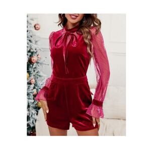 NWT Endless Rose Long Sleeve Mesh Chiffon Velvet Romper Burgundy Womens Medium